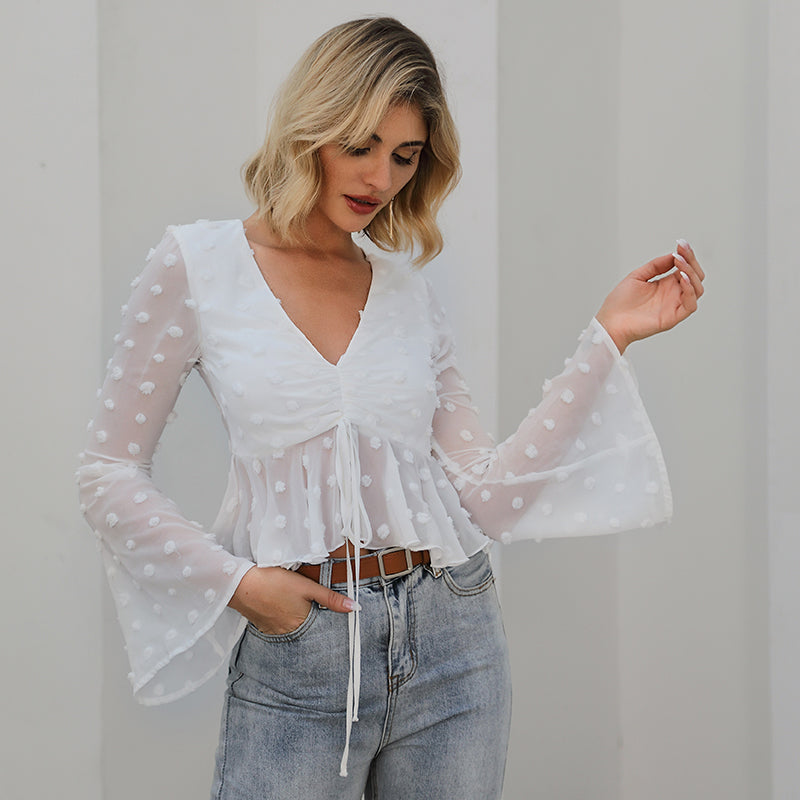 V Neck Ruched Detail Ruffle Hem Long Sleeve Dot Crop Top