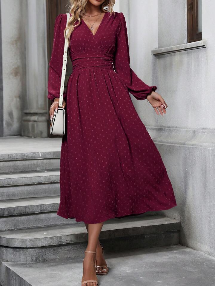 Swiss Dot Surplice Neck Lantern Sleeve Ruched Waist Dress