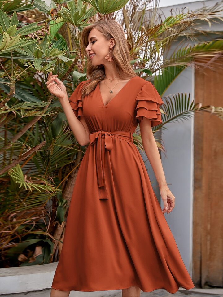 Vacation V-Neck Layered Sleeve Belted Dress