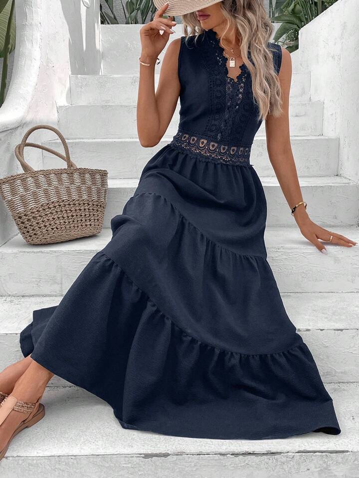 Vacation Guipure Lace Insert Ruffle Hem Dress