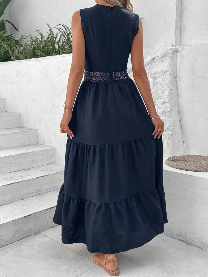 Vacation Guipure Lace Insert Ruffle Hem Dress