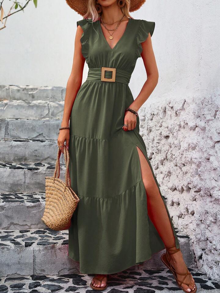 Ladies’ Solid Color V-Neck Ruffle Sleeve Side Split Summer Dress