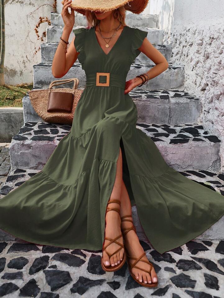 Ladies’ Solid Color V-Neck Ruffle Sleeve Side Split Summer Dress