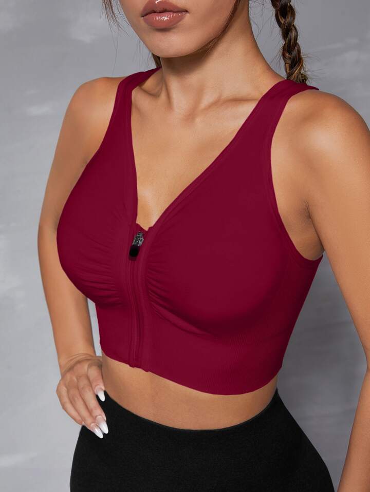 Yoga Basic Cut Out Back Ruched Zip Up Sports Bra
