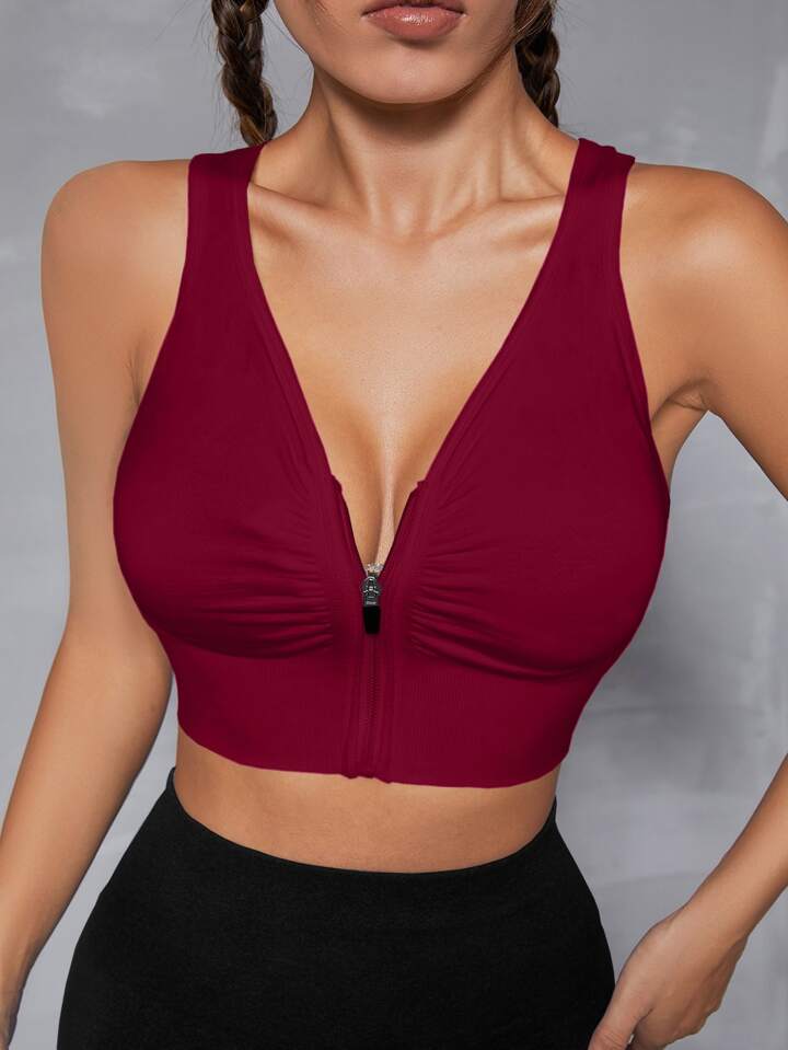 Yoga Basic Cut Out Back Ruched Zip Up Sports Bra
