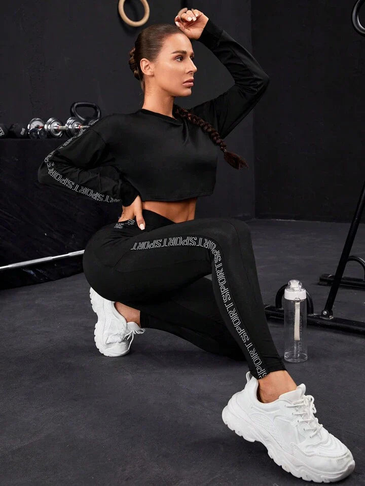 Running Letter Graphic Crop Sports Sweatshirt & Leggings