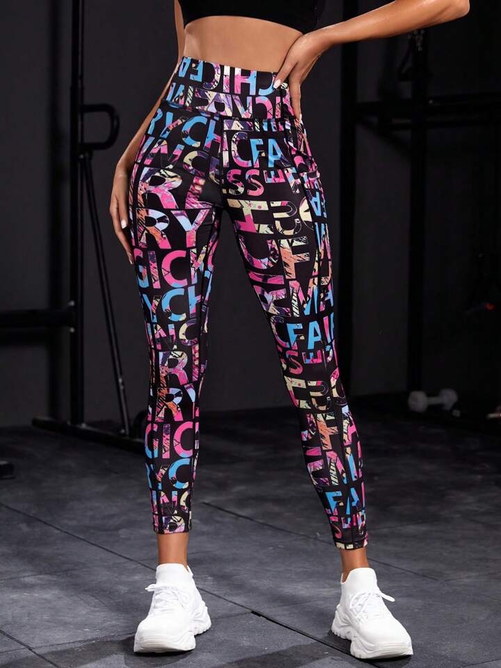 Letter Graphic Wide Waistband Sports Leggings With Phone Pocket