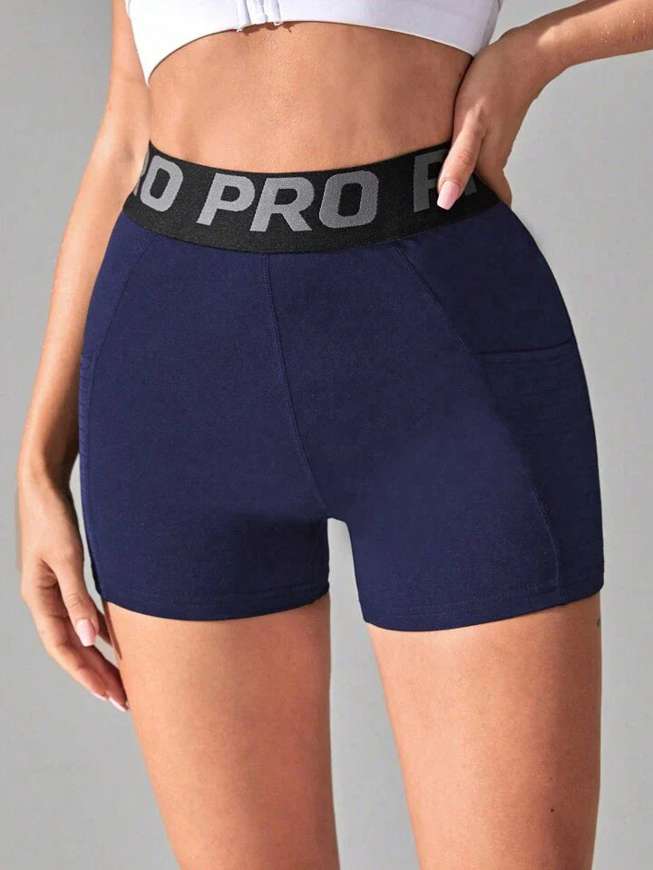 Letter Print With Tummy Control And Side Pockets Blue Shorts