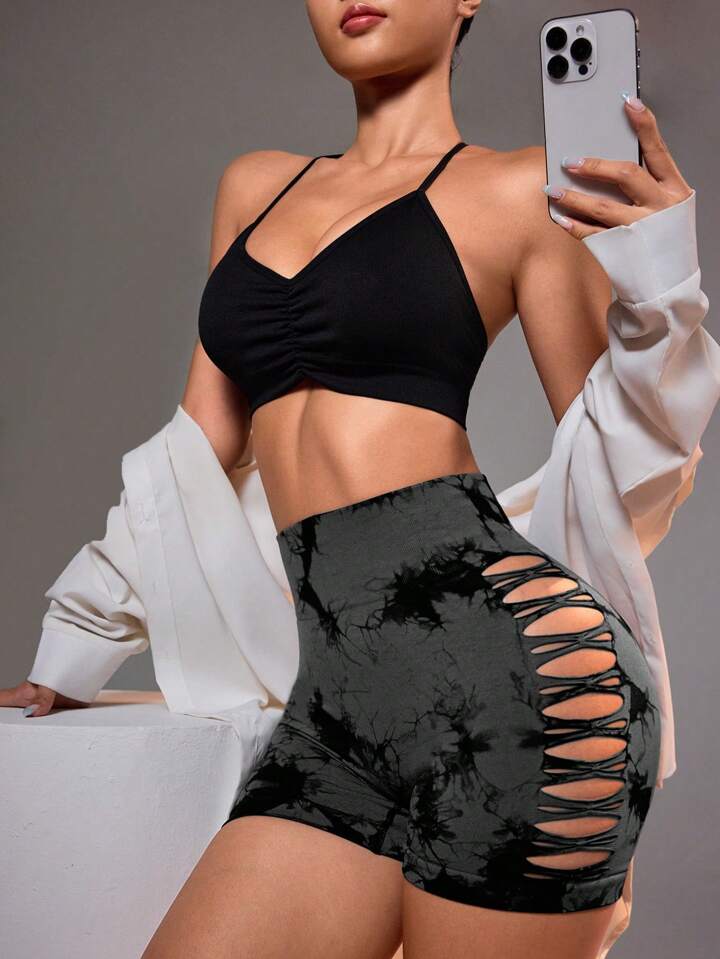 Women's High Waist Tie-Dye Printed Hollow Out Side Seamless Sports Shorts