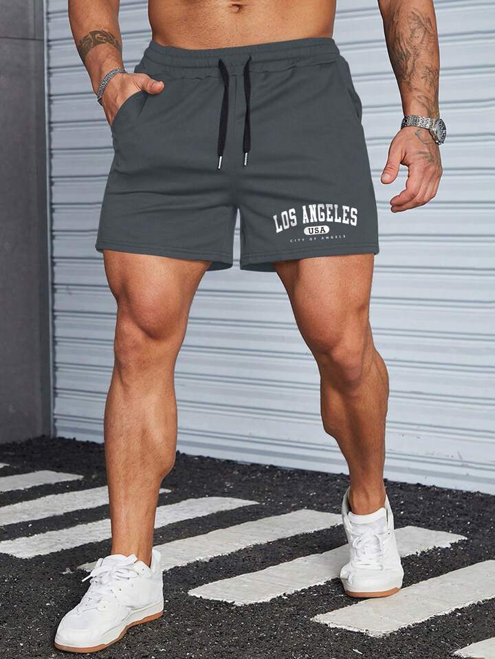 Homme Men Letter Graphic Drawstring Waist Shorts