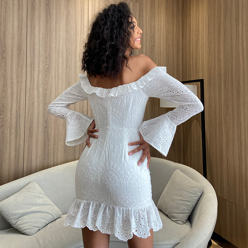 Tied Fringe Ruffle Hem Schiffy Bardot Dress