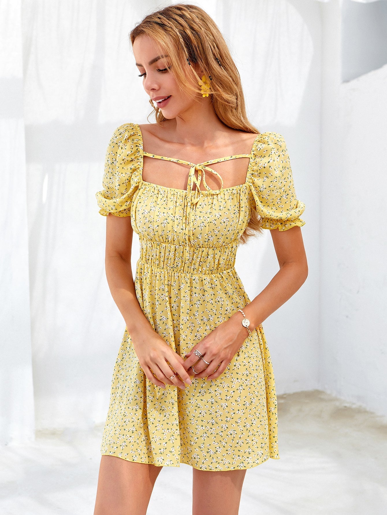 Square Collar Sleeveless Summer Dress Yellow