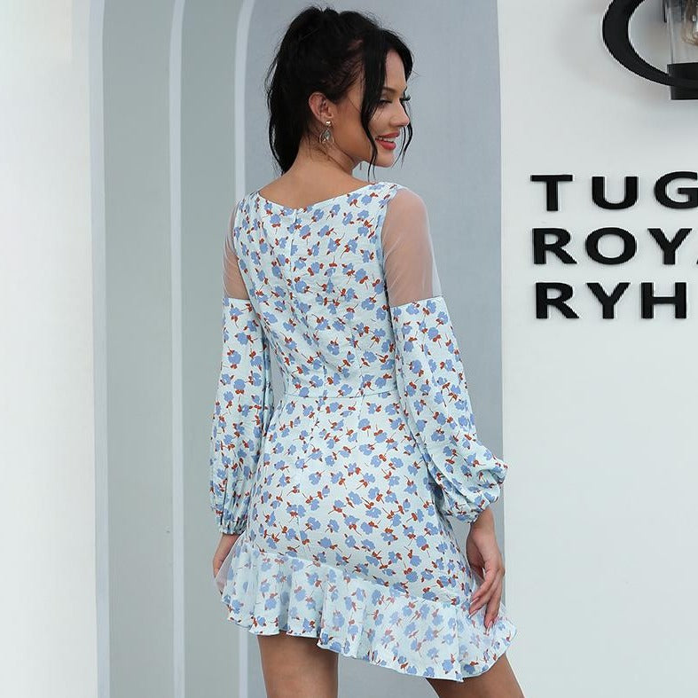 Asymmetrical Transparent Casual Dresses Ruffle Hem Floral Dress