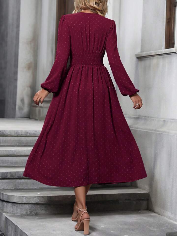Swiss Dot Surplice Neck Lantern Sleeve Ruched Waist Dress
