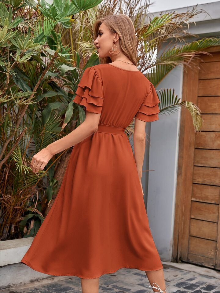 Vacation V-Neck Layered Sleeve Belted Dress
