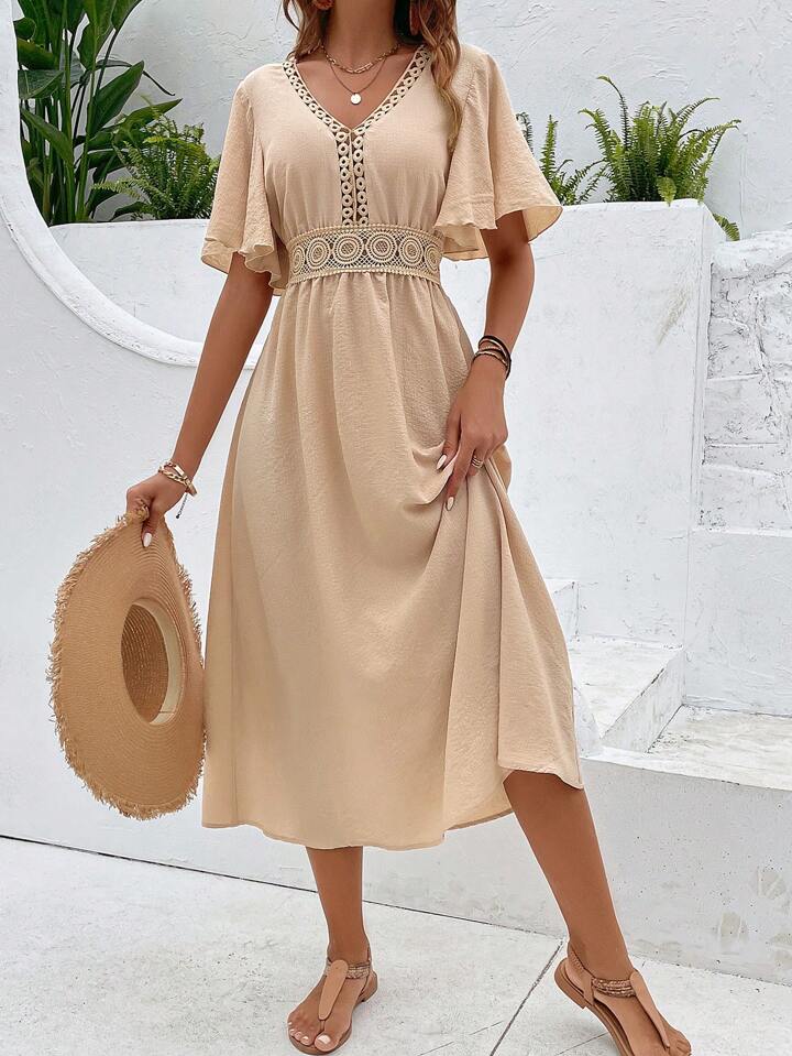 Vacation Guipure Lace Insert Flounce Sleeve Dress