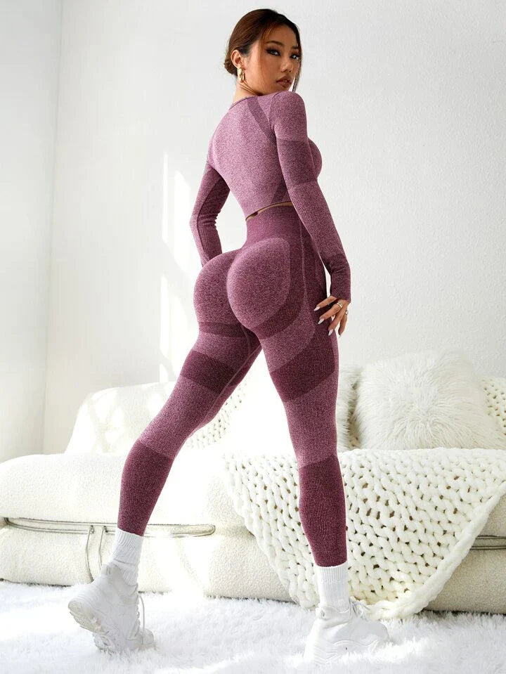 2pcs Seamless Gym Suit Yoga Set Thumbhole Tee & Tummy Control Legging