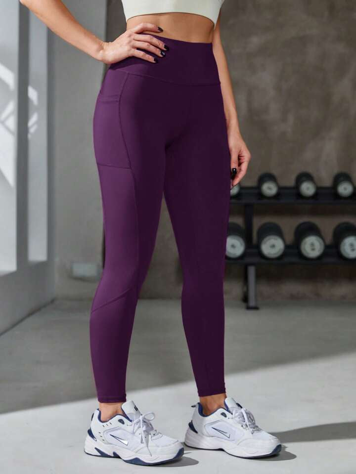 Solid Wide Waistband Phone Pocket Side Sports Leggings