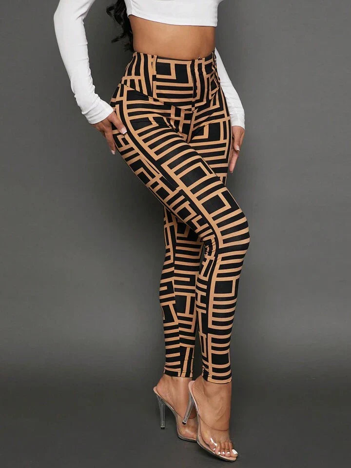 Allover Print High Waist Leggings Irregular Waist Casual Pants