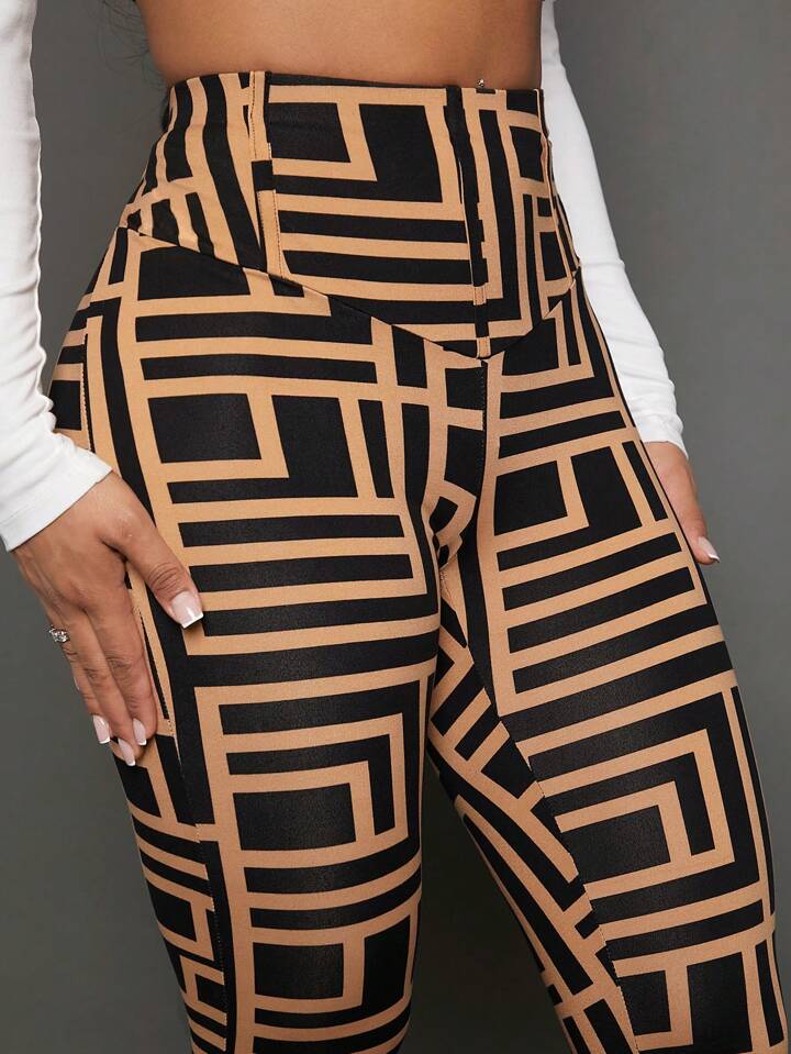 Allover Print High Waist Leggings Irregular Waist Casual Pants