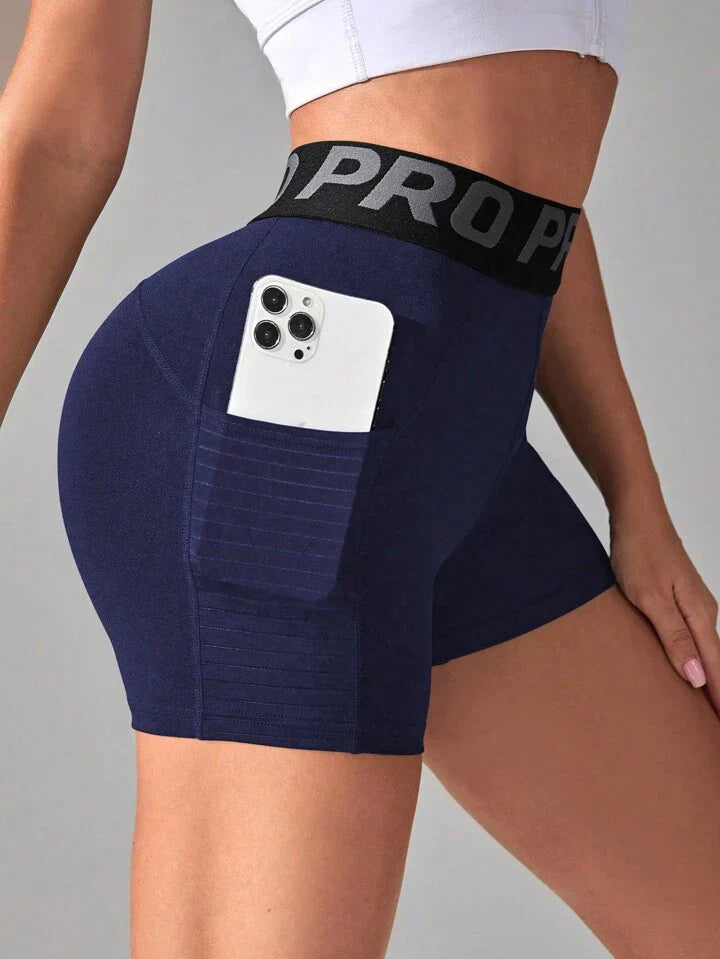 Letter Print With Tummy Control And Side Pockets Blue Shorts