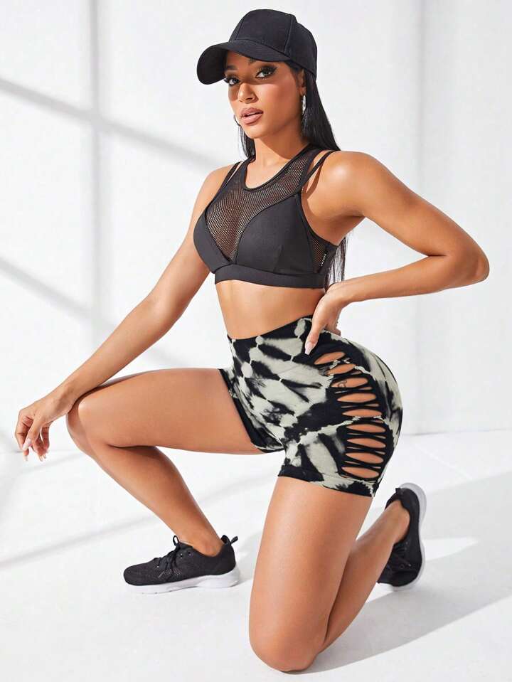 Yoga Trendy Tie Dye Criss Cross Side Sports Shorts