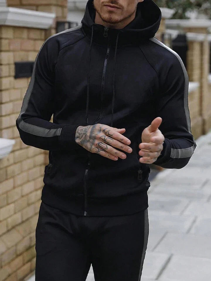 Streetwear Men's Side Stripe Hooded Sportswear Set, Athletic Suit