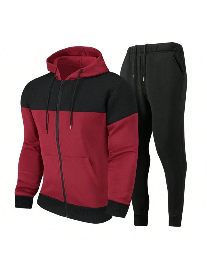 2pcs/Set Men's Casual Color Block Patchwork Zipper Sports Suit