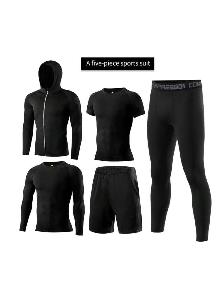 5pcs/Set Men's Sporting Suit, Quick-Dry Fitness Clothes For Compression &  Gym
