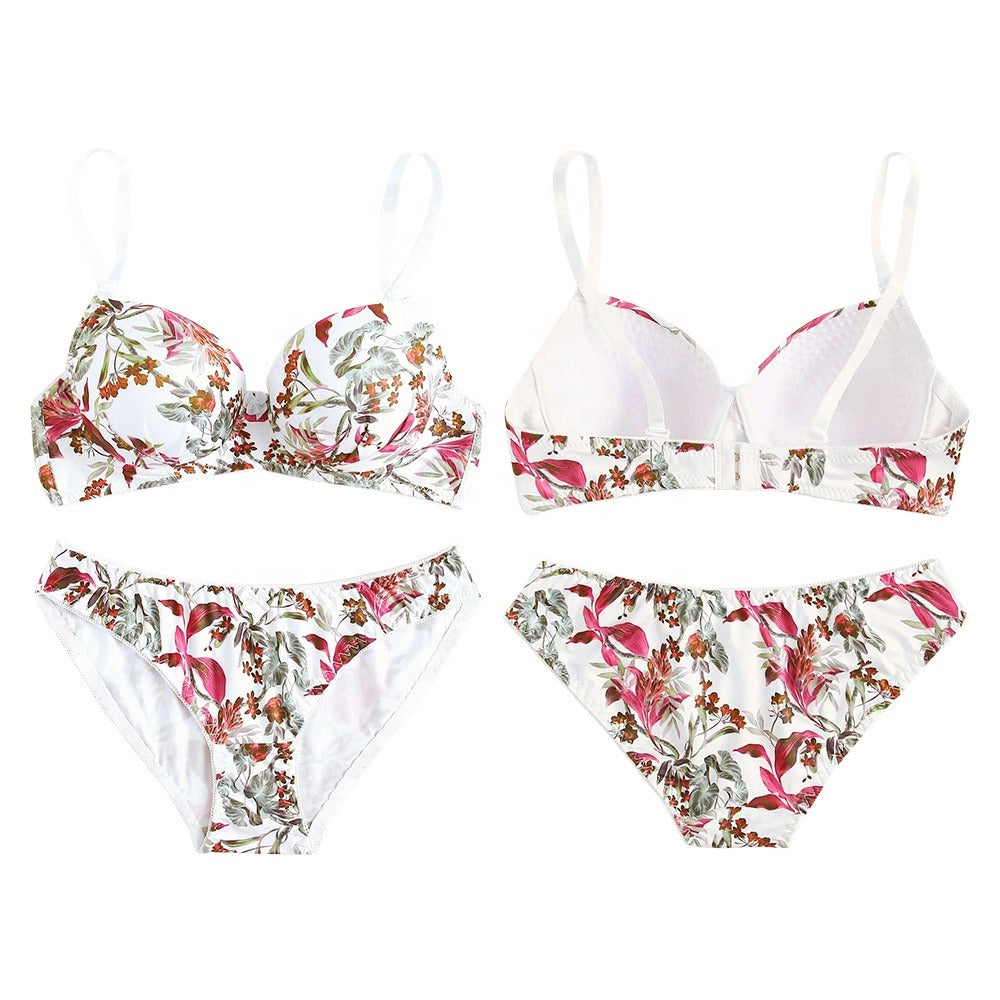 Fashion Floral Padded Sexy Bra Panty Set Red & Green
